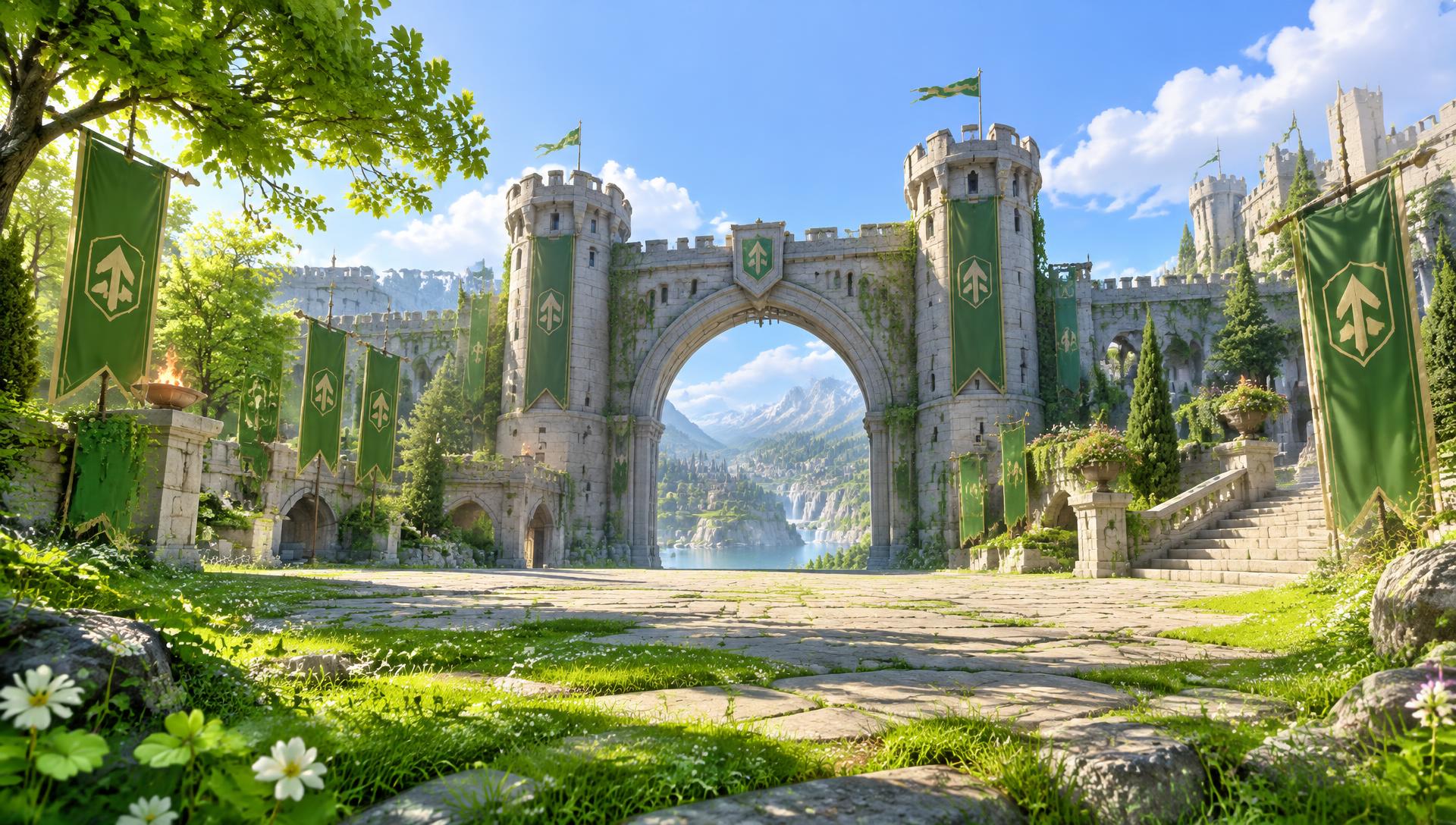 Bright green castle courtyard beneath a sunny sky
