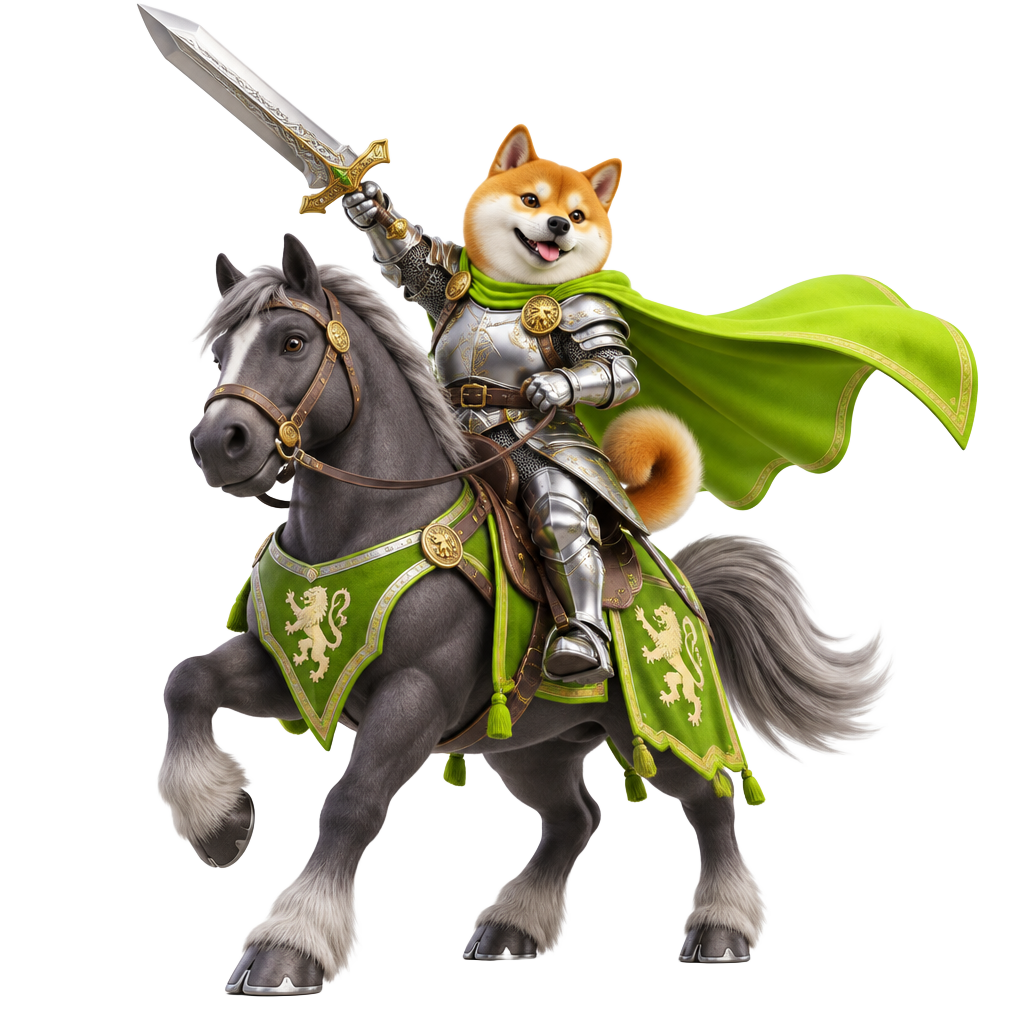 Three-dimensional Hood Sword Inu riding a horse with an oversized sword and bright green cape